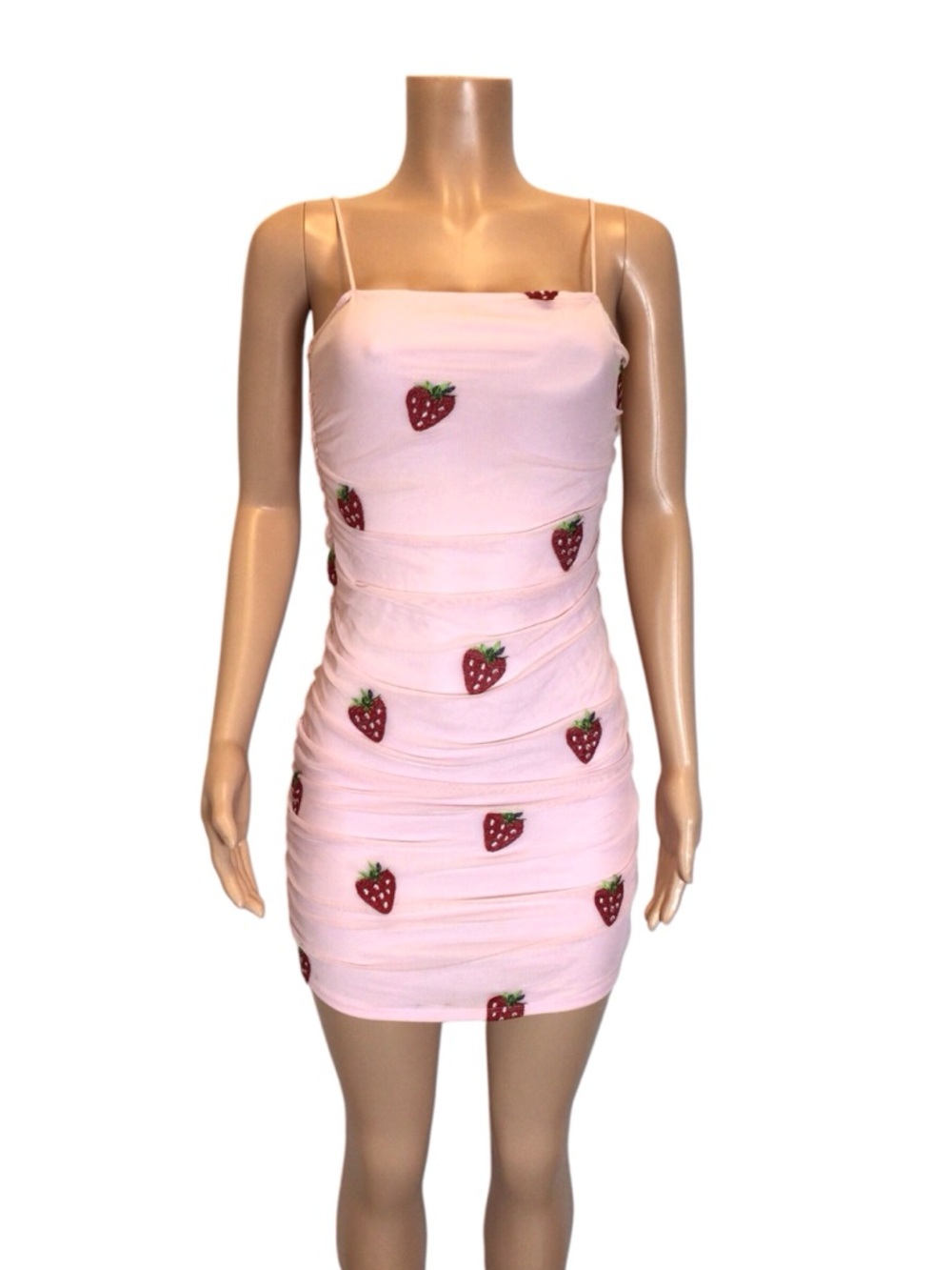 NWOT Rue21 Strawberry Mesh Ruched Mini Dress Pink Kawaii Sheer Overlay Stretch M - Picture 2 of 7
